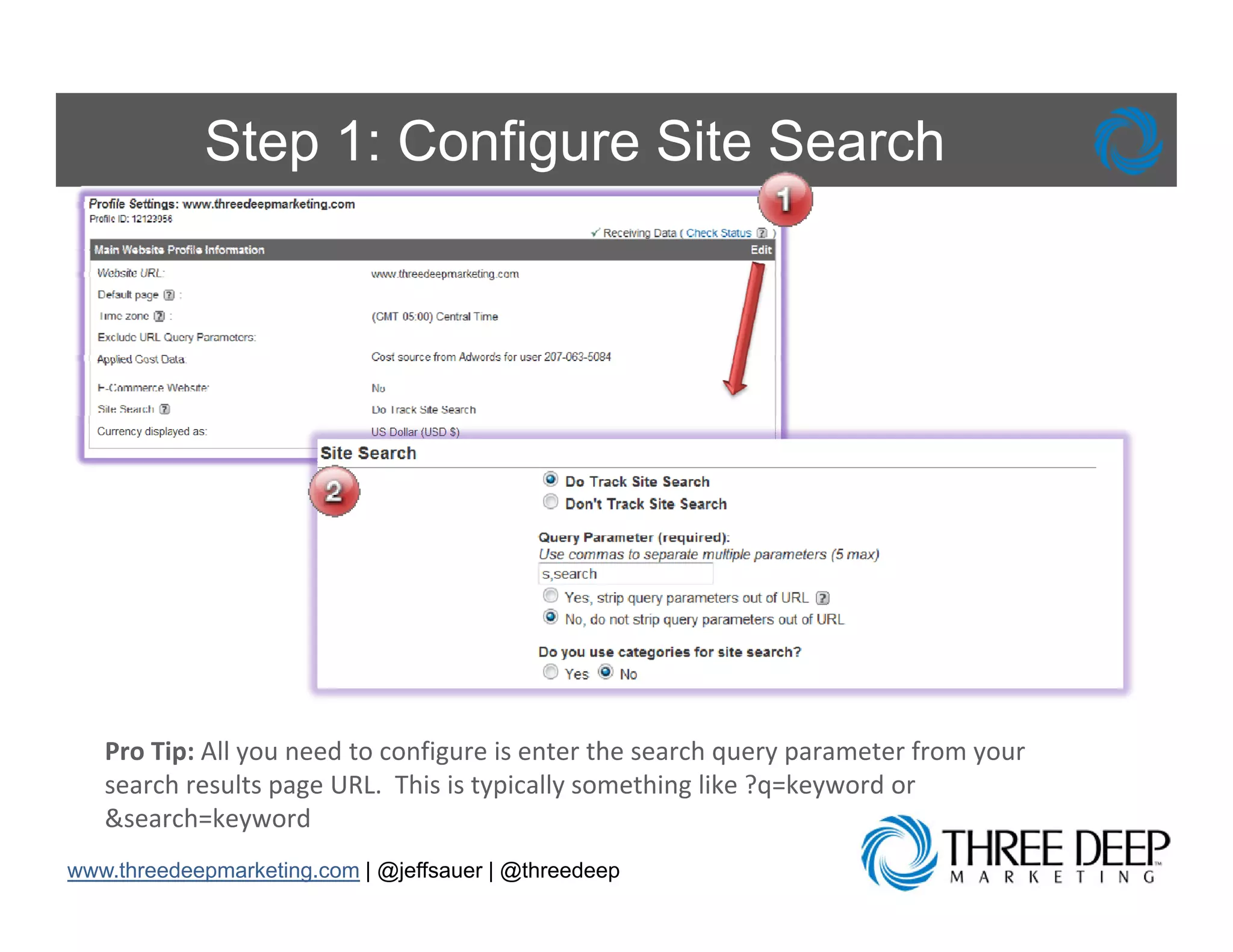 Step 1: Configure Site Search




   Pro Tip: All you need to configure is enter the search query parameter from your 
   search results page URL.  This is typically something like ?q=keyword or 
        h       l             hi i      i ll        hi lik ? k         d
   &search=keyword
www.threedeepmarketing.com | @jeffsauer | @threedeep
 