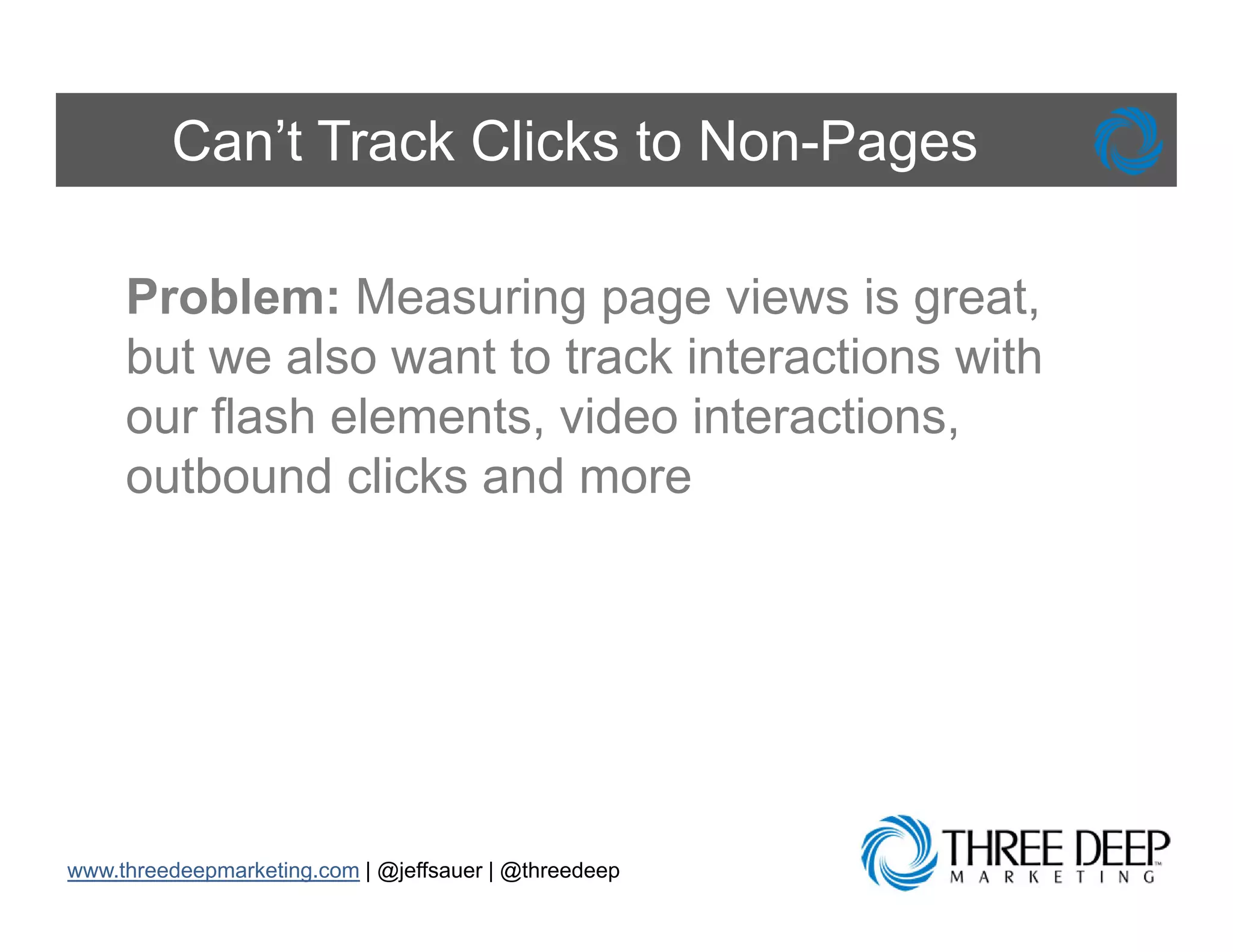 Can’t Track Clicks to Non-Pages

     Problem: Measuring page views is greatgreat,
     but we also want to track interactions with
     our flash elements video interactions
               elements,        interactions,
     outbound clicks and more




www.threedeepmarketing.com | @jeffsauer | @threedeep
 