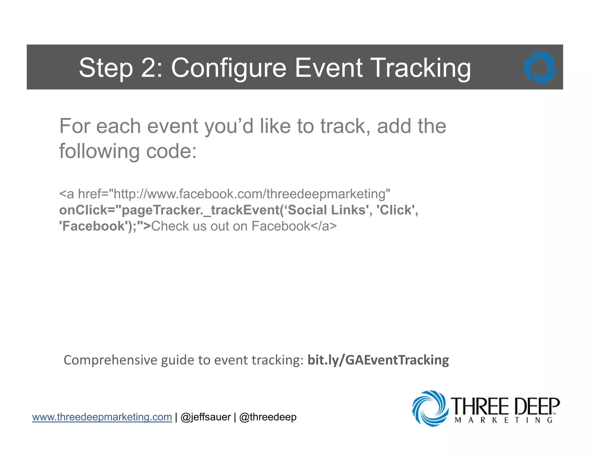 Step 2: Configure Event Tracking

     For each event you’d like to track, add the
     following code:
     <a href="http://www.facebook.com/threedeepmarketing"
                 p                            p        g
     onClick="pageTracker._trackEvent(‘Social Links', 'Click',
     'Facebook');">Check us out on Facebook</a>




      Comprehensive guide to event tracking: bit.ly/GAEventTracking


www.threedeepmarketing.com | @jeffsauer | @threedeep
 