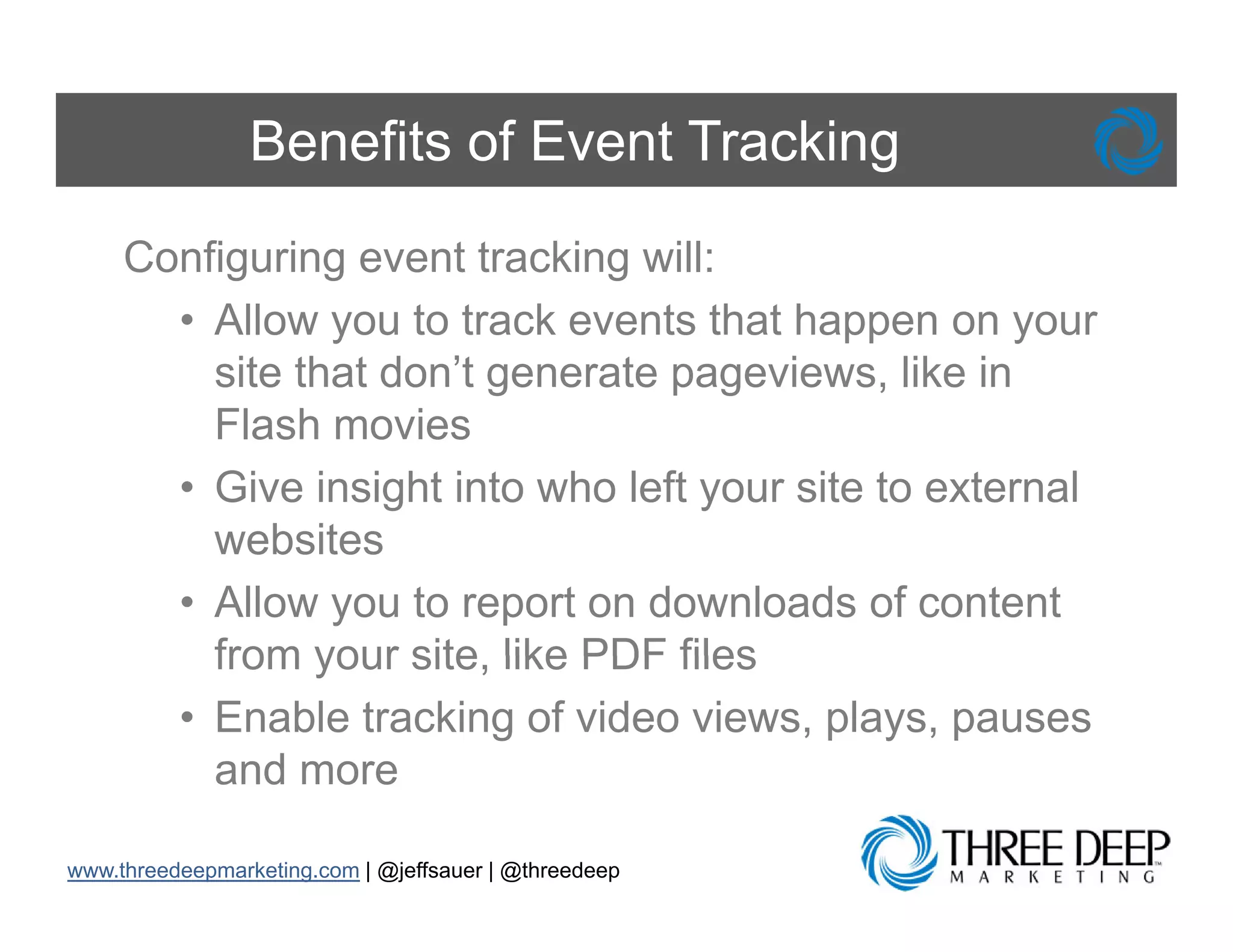 Benefits of Event Tracking
     Configuring event tracking will:
       • Allow you to track events that happen on your
         site that don’t generate pageviews, like in
         Flash
         Fl h moviesi
       • Give insight into who left your site to external
         websites
       • Allow you to report on downloads of content
         from your site like PDF files
                    site,
       • Enable tracking of video views, plays, pauses
         and more

www.threedeepmarketing.com | @jeffsauer | @threedeep
 