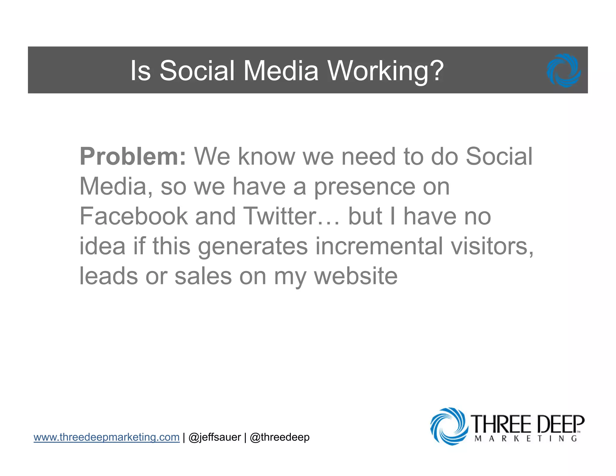 Is Social Media Working?


        Problem: W know we need to do Social
        P bl        We k              dt d S i l
        Media, so we have a presence on
        Facebook and T itt
        F    b k d Twitter… but I have no
                                  b t h
        idea if this generates incremental visitors,
        leads
        l d or sales on my website
                     l            b it




www.threedeepmarketing.com | @jeffsauer | @threedeep
 