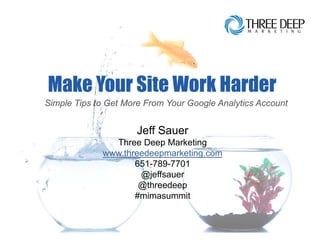 Make Your Site W k H d
M k Y     Si Work Harder
Simple Tips to Get More From Your Google Analytics Account
                                     g       y


                      Jeff Sauer
               Three Deep Marketing
             www.threedeepmarketing.com
                    651-789-7701
                     @jeffsauer
                     @threedeep
                    #mimasummit
 