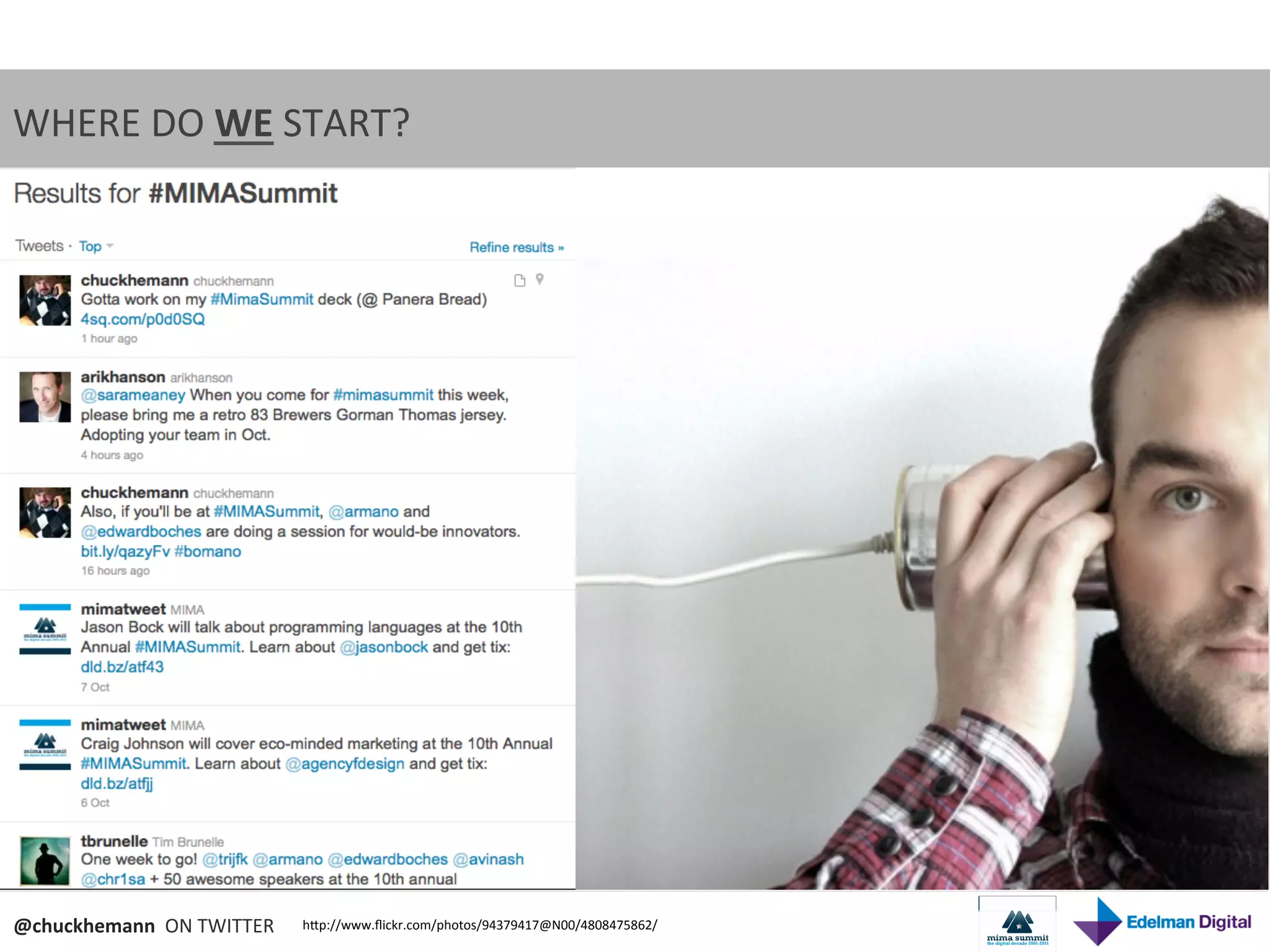 WHERE	
  DO	
  WE	
  START?	
  




@chuckhemann	
  	
  ON	
  TWITTER	
     hNp://www.ﬂickr.com/photos/94379417@N00/4808475862/	
  
 