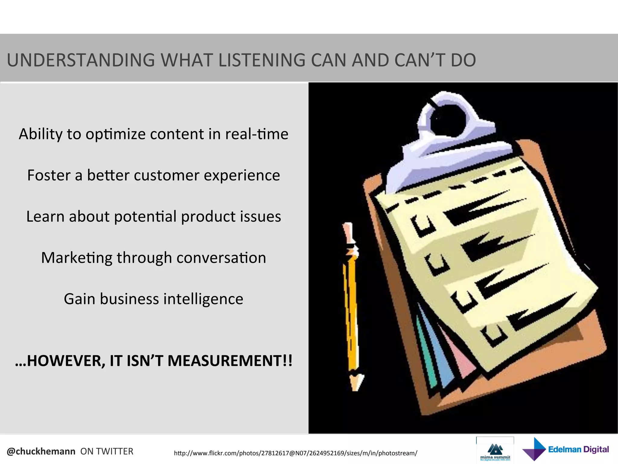 UNDERSTANDING	
  WHAT	
  LISTENING	
  CAN	
  AND	
  CAN’T	
  DO	
  


  Ability	
  to	
  op9mize	
  content	
  in	
  real-­‐9me	
  
                              	
  
   Foster	
  a	
  beNer	
  customer	
  experience	
  
                              	
  
   Learn	
  about	
  poten9al	
  product	
  issues	
  
                              	
  
     Marke9ng	
  through	
  conversa9on	
  
                              	
  
          Gain	
  business	
  intelligence	
  
                              	
  
                              	
  
  …HOWEVER,	
  IT	
  ISN’T	
  MEASUREMENT!!	
  




@chuckhemann	
  	
  ON	
  TWITTER	
     hNp://www.ﬂickr.com/photos/27812617@N07/2624952169/sizes/m/in/photostream/	
  
 