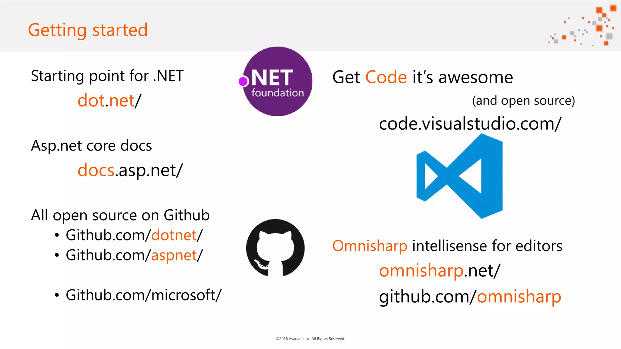 ©2016 Avanade Inc. All Rights Reserved. Starting point for .NET dot.net/ Asp.net core docs docs.asp.net/ All open source on Github • Github.com/dotnet/ • Github.com/aspnet/ • Github.com/microsoft/ Get Code it’s awesome (and open source) code.visualstudio.com/ Omnisharp intellisense for editors omnisharp.net/ github.com/omnisharp Getting started 