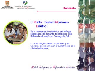 El  M odelo  I ncluyente   de  M ejoramiento  E ducativo.  Es la representación sistémica y el enfoque pedagógico, del conjunto de relaciones  que Definen la educación en Santiago de Cali. En el se integran todos los procesos y las funciones que contribuyen al cumplimiento de la misión institucional .  Concepto 