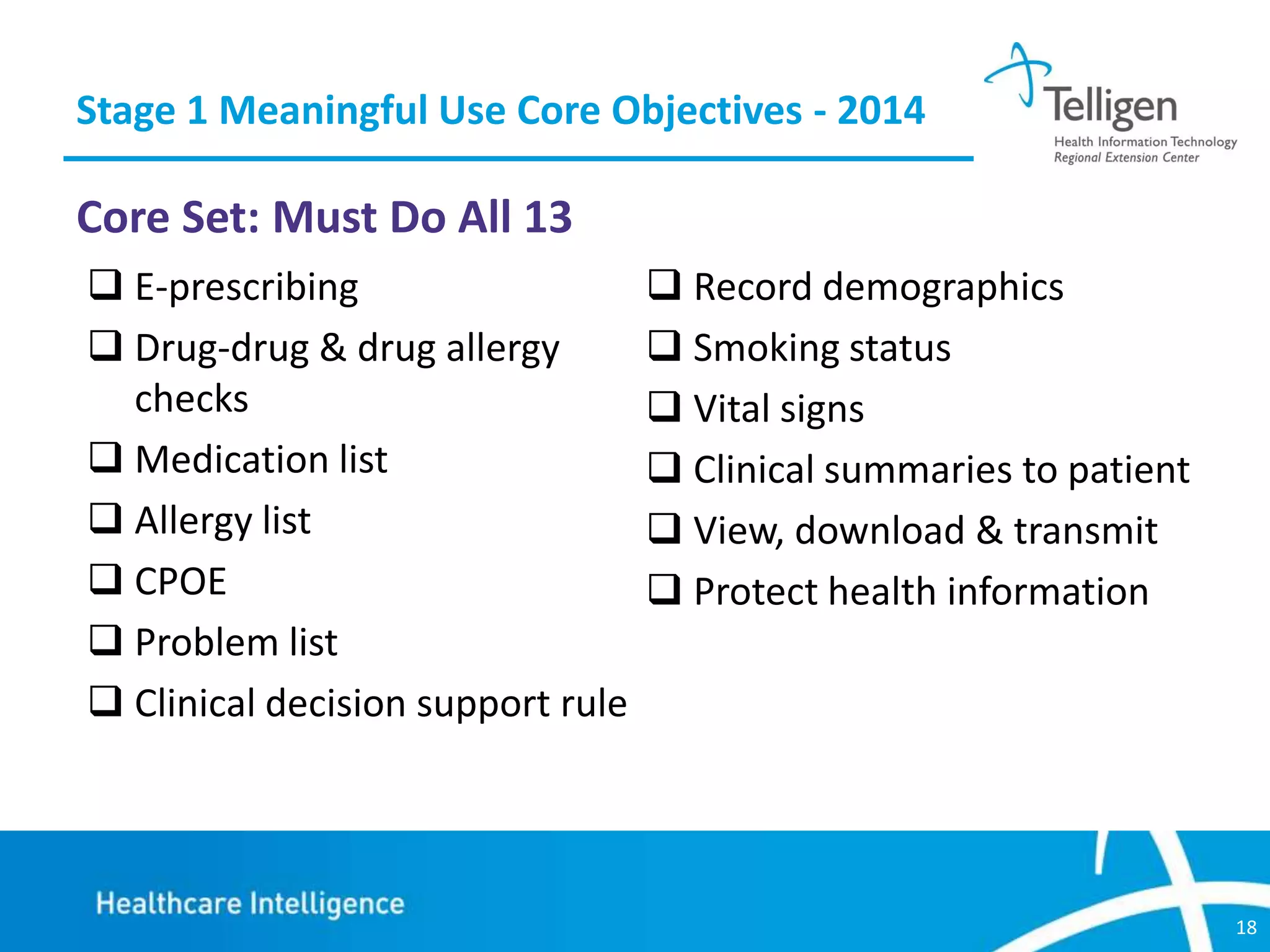Stage 1 Meaningful Use Core Objectives - 2014

Core Set: Must Do All 13
 E-prescribing
 Drug-drug & drug allergy
checks
 Medication list
 Allergy list
 CPOE
 Problem list
 Clinical decision support rule

 Record demographics
 Smoking status
 Vital signs
 Clinical summaries to patient
 View, download & transmit
 Protect health information

18

 