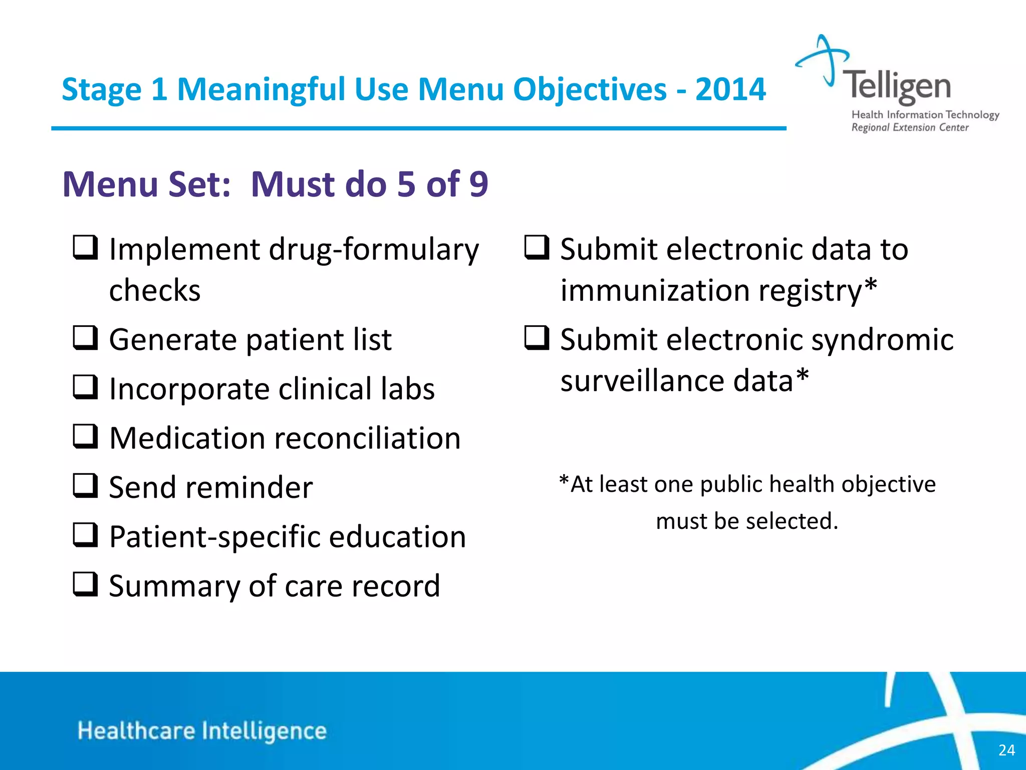Stage 1 Meaningful Use Menu Objectives - 2014

Menu Set: Must do 5 of 9
 Implement drug-formulary
checks
 Generate patient list
 Incorporate clinical labs
 Medication reconciliation
 Send reminder
 Patient-specific education
 Summary of care record

 Submit electronic data to
immunization registry*
 Submit electronic syndromic
surveillance data*
*At least one public health objective
must be selected.

24

 