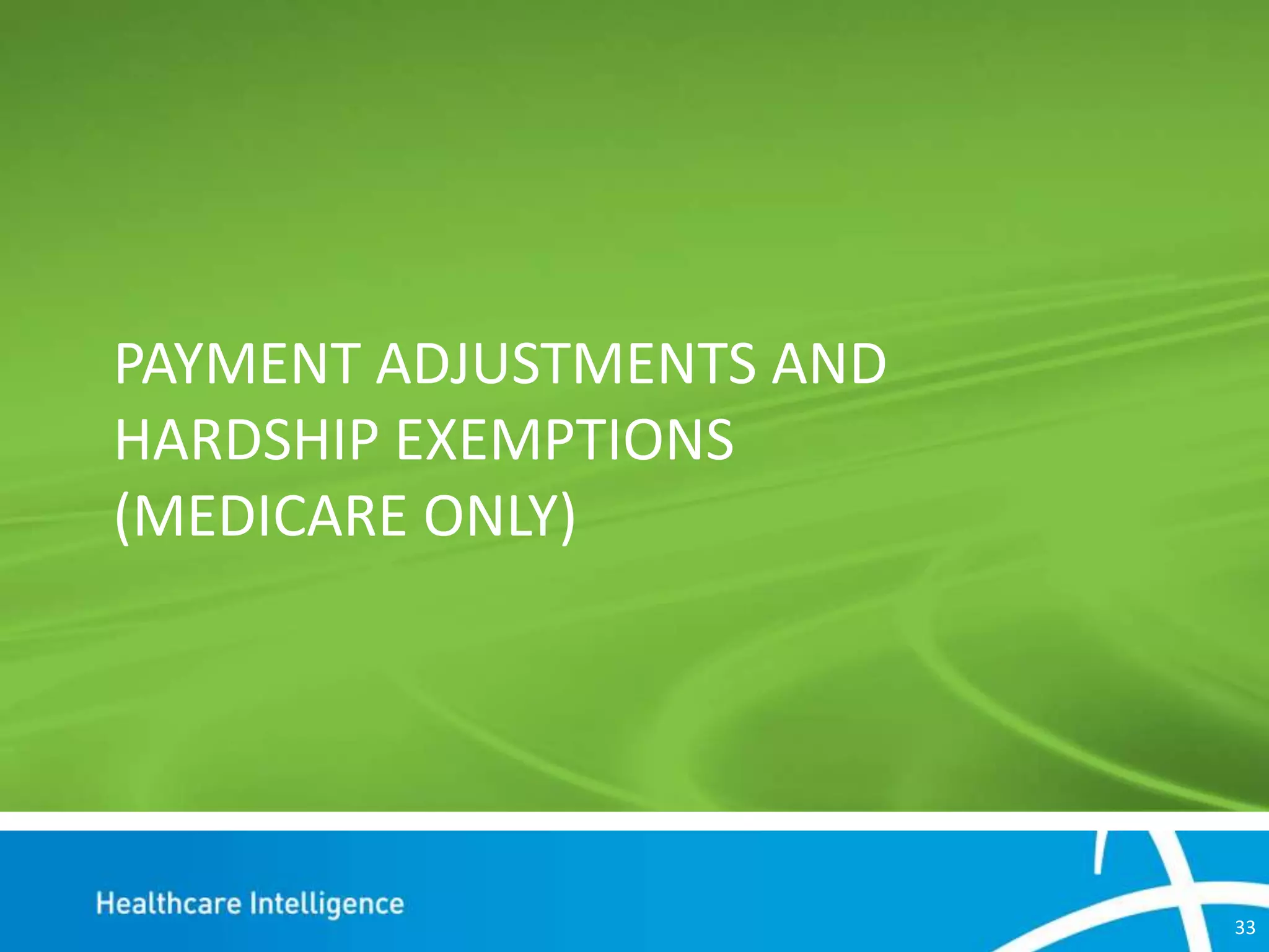 PAYMENT ADJUSTMENTS AND
HARDSHIP EXEMPTIONS
(MEDICARE ONLY)

33

 