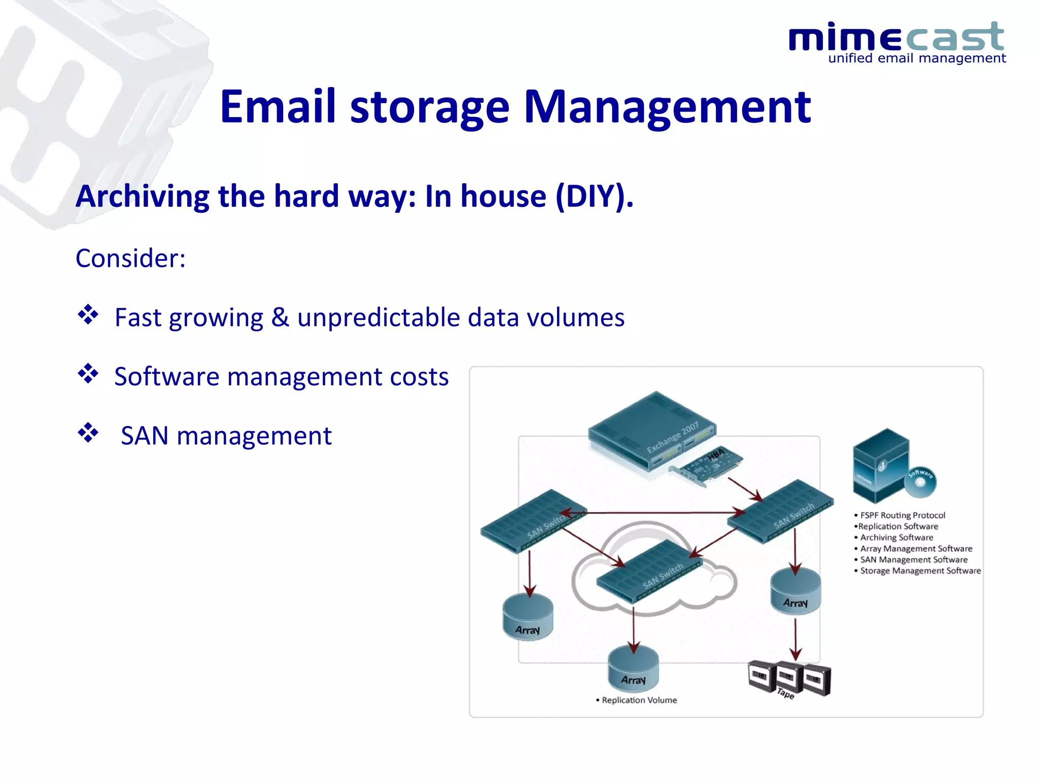 Email storage Management Archiving the hard way: In house (DIY). Consider: Fast growing & unpredictable data volumes Software management costs SAN management 