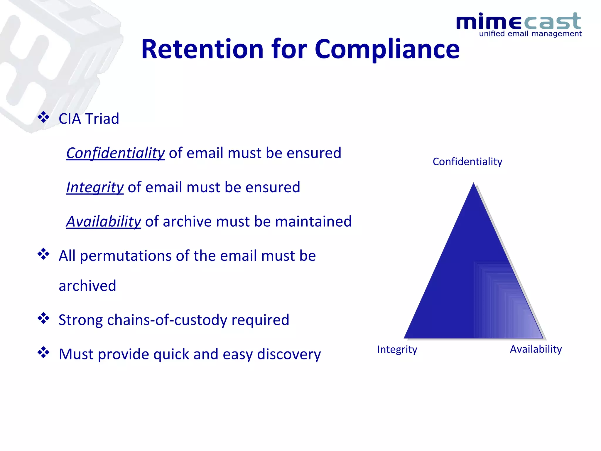 Retention for Compliance CIA Triad Confidentiality  of email must be ensured Integrity   of email must be ensured Availability   of archive must be maintained All permutations of the email must be archived Strong chains-of-custody required Must provide quick and easy discovery Confidentiality Integrity Availability 