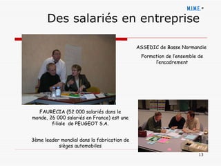 Des salariés en entreprise FAURECIA (52 000 salariés dans le monde, 26 000 salariés en France) est une filiale  de PEUGEOT S.A. 3ème leader mondial dans la fabrication de sièges automobiles ASSEDIC de Basse Normandie  Formation de l’ensemble de l’encadrement M.I.M.E.   ®   