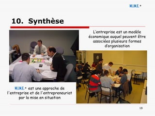 10.  Synthèse  M.I.M.E.   ®   L’entreprise est un modèle économique auquel peuvent être associées plusieurs formes d’organisation M.I.M.E.   ®   est une approche de l'entreprise et de l'entrepreneuriat par la mise en situation 