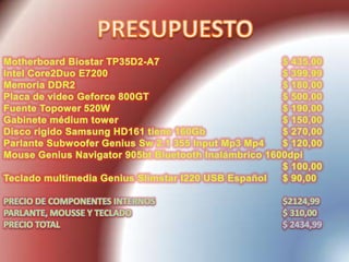 PRESUPUESTOMotherboard Biostar TP35D2-A7				$ 435,00Intel Core2Duo E7200						$ 399,99Memoria DDR2 						$ 180,00Placa de video Geforce 800GT				$ 500,00Fuente Topower 520W					$ 190,00Gabinete médium tower					$ 150,00Disco rigido Samsung HD161 tiene 160Gb 			$ 270,00Parlante Subwoofer Genius Sw 2.1 355 Input Mp3 Mp4	$ 120,00Mouse Genius Navigator 905bt Bluetooth Inalámbrico 1600dpi 								$ 100,00Teclado multimedia Genius Slimstar I220 USB Español	$ 90,00PRECIO DE COMPONENTES INTERNOS 				$2124,99PARLANTE, MOUSSE Y TECLADO 					$ 310,00PRECIO TOTAL 							$ 2434,99 
