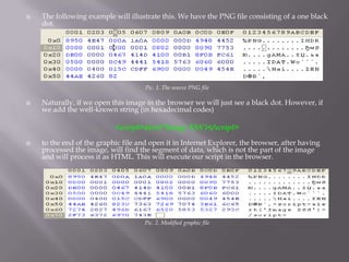    The following example will illustrate this. We have the PNG file consisting of a one black
    dot.




                                     Pic. 1. The source PNG file

   Naturally, if we open this image in the browser we will just see a black dot. However, if
    we add the well‐known string (in hexadecimal codes)

                           <script>alert(‘Image XSS’)</script>
   to the end of the graphic file and open it in Internet Explorer, the browser, after having
    processed the image, will find the segment of data, which is not the part of the image
    and will process it as HTML. This will execute our script in the browser.




                                     Pic. 2. Modified graphic file
 