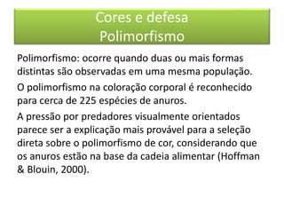 Cores e defesa
Polimorfismo
Polimorfismo: ocorre quando duas ou mais formas
distintas são observadas em uma mesma população.
O polimorfismo na coloração corporal é reconhecido
para cerca de 225 espécies de anuros.
A pressão por predadores visualmente orientados
parece ser a explicação mais provável para a seleção
direta sobre o polimorfismo de cor, considerando que
os anuros estão na base da cadeia alimentar (Hoffman
& Blouin, 2000).
 