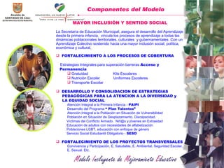 MAYOR INCLUSIÓN Y SENTIDO SOCIAL La Secretaría de Educación Municipal, asegura el desarrollo del Aprendizaje desde la primera infancia,  vincula los procesos de aprendizaje a todas las dinámicas poblacionales territoriales, culturales  y gubernamentales. Con un Aprendizaje Colectivo sostenido hacia una mayor inclusión social, política, económica y cultural . FORTALECIMIENTO A LOS PROCESOS DE COBERTURA Estrategias Integrales para superación barreras  Acceso y  Permanencia Gratuidad  Kits Escolares Nutrición Escolar  Uniformes Escolares Transporte Escolar DESARROLLO Y CONSOLIDACION DE ESTRATEGIAS  PEDAGÓGICAS PARA LA ATENCION A LA DIVERSIDAD y  LA EQUIDAD SOCIAL :  Atención Integral a la Primera Infancia -  PAIPI Desarrollo del Programa  “ Plan Talentos”   Atención Integral a la Población en Situación de Vulnerabilidad Población en Situación de Desplazamiento, Discapacidad, Víctimas del Conflicto Armado.  Niñ@s y jóvenes en Extraedad Educación de adultos con necesidades de alfabetización Poblaciones LGBT, educación con enfoque de género Servicio Social Estudiantil Obligatorio -  SESO FORTALECIMIENTO DE LOS PROYECTOS TRANSVERSALES  Convivencia y Participación, E. Saludable, E. Ambiental, Seguridad Escolar, E. Sexual. Etc.  Componentes del Modelo  