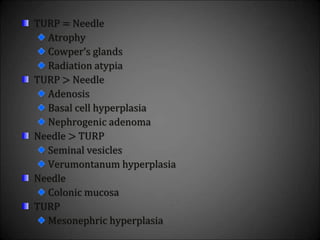 TURP = Needle
Atrophy
Cowper’s glands
Radiation atypia
TURP > Needle
Adenosis
Basal cell hyperplasia
Nephrogenic adenoma
Needle > TURP
Seminal vesicles
Verumontanum hyperplasia
Needle
Colonic mucosa
TURP
Mesonephric hyperplasia
 