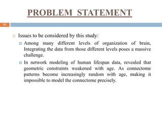 PROBLEM STATEMENT
31
 Issues to be considered by this study:
 Among many different levels of organization of brain,
Integrating the data from those different levels poses a massive
challenge.
 In network modeling of human lifespan data, revealed that
geometric constraints weakened with age. As connectome
patterns become increasingly random with age, making it
impossible to model the connectome precisely.
 