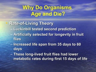 Why Do Organisms
Age and Die?
• Rate-of-Living TheoryRate-of-Living Theory
– Luckinbill tested second predictionLuckinbill tested second prediction
– Artificially selected for longevity in fruitArtificially selected for longevity in fruit
fliesflies
– Increased life span from 35 days to 60Increased life span from 35 days to 60
daysdays
– These long-lived fruit flies had lowerThese long-lived fruit flies had lower
metabolic rates during first 15 days of lifemetabolic rates during first 15 days of life
 