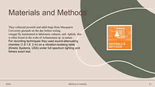 They collected juvenile and adult bugs from Macquarie
University grounds on the day before testing.
vinegar fly maintained in laboratory cultures, and Aphids that
is often found in the webs of Achaearanea sp. in nature .
For recording techniques they used sound-attenuating
chamber (1.8 1.8 2 m) on a vibration-isolating table
(Kinetic Systems, USA) under full spectrum lighting and
fishers exact test.
2023 Mimicry in insects 21
Materials and Methods
 