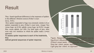 They found significant differences in the responses of spiders
to the different vibration sources (Fisher’s exact
test p , 0.01);
How spiders responded to bugs was extremely similar to how
spiders responded to prey (Fisher’s exact tests, vinegar flies
versus bugs: (p=0.56); aphids versus bugs: (p=0.65); vinegar
flies versus aphids, (p=1.00). For both types of prey there
were only two instances in which the spider made a direct
approach.
To assess spider responses to each of the treatments,
they
defined general sequences of spider response.
2023 Mimicry in insects 22
Result
Figure . Responses of spiders to each vibration source.
Significant differences are indicated by different letters
(Fisher’s exact tests). Dark grey bar: direct approach.
Grey bar: orient, pause, approach.
Light grey bar: orient, no approach
 