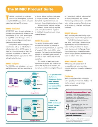 The MIMIC Product Suite
Gambit Communications, Inc.
Founded in 1995, Gambit Communications
specializes in providing SNMP-based network
management tools that enhance
the productivity of network management
developers and enterprise users while
lowering their costs.
76 Northeastern Blvd, Suite 30B
Nashua, NH 03063
(603) 881-3500 (603) 889-5005 (Fax)
email: sales@gambitcomm.com
www.SNMPsimulation.com
he three components of the MIMIC
product suite work together to provide
a complete SNMP-based network simulation
capability on a single PC computer.
MIMIC Simulator
MIMIC SNMP Agent Simulator allows you to
simulate an entire enterprise network on one
Intel-based PC or Sun Sparc. With support
for any SNMP-based device you can run a
variety of device configurations with your
management application.
Configurations are completely run-time
customizable, both on an individual and
collective basis. Since MIMIC respond to
SNMP v1, v2 and v3 queries on any of its
configured IP addresses, it looks to the
Network Management Application as if it is
talking to actual devices.
MIMIC Compiler
The MIMIC Compiler allows users to import
any SMI-compliant MIB and extend the set
Your Best Move to Effective
Network Management
on a small part of the MIB, snapshots can
be taken of the relevant MIB subtrees.
The recording can be saved in a format for
future editing, annotation. Recordings can
be exchanged via e-mail and source code-
controlled.
MIMIC Wizards
MIMIC Wizards give a user friendly way to
compile, record and simulate huge networks.
The MIB Wizard allows importing
new MIBs, the Discovery Wizard records
large networks, the Simulation Wizard
helps creating simulations for devices
under development, the Topology Wizard
customizes different network topologies
and the Script Generator generates scripts
based on actions in the GUI.
MIMIC Device Library
MIMIC ships with a large library of
simulated devices, networks and pre-
compiled MIBs from the leading networking
companies.
Platforms
MIMIC supports Windows, Solaris and
Linux operating environments. Visit our web
site for complete and up-to-date
system requirements.
T of defined devices to support proprietary
or unique equipment. Vendors use the
Compiler to import definitions of new
devices in the prototype development phase.
With an intuitive graphical interface
or a powerful, flexible scripting language,
users can further customize any device
in the MIMIC library, to simulate unique
network behavior.
MIMIC Recorder
The MIMIC Recorder enables users to
automatically simulate the behavior of
actual devices on your network, by capturing
a “snapshot” of the device MIB in actual
operation. The snapshot can then be easily
replayed by the SNMP Agent Simulator to
simulate an entire network with minimal
user effort.
Any number of target devices can
be recorded in parallel. Any subset of the
device MIB objects can be recorded. For
example, if a problem investigation focuses
A typical scenario
of a Network
Management System
(NMS) managing
multiple devices
over Local and Wide
Area Networks.

MIMIC is a trademark of Gambit Communications,
Inc. All other trademarks or service marks are the
property of their respective owners.
Virtual Lab:
MIMIC simulates all
types of managed
devices over
LAN/WAN.

NMS
Hub
Workstation
Switch
Bridge
LAN/WLAN/WLAN/WLAN/WLAN/WLAN/WLAN/WLAN/WLAN/WLAN/WLAN/WLAN/WLAN/WLAN/WLAN/WLAN/WLAN/WLAN/WLAN/WLAN/WLAN/WLAN/WLAN/WLAN/WLAN/WLAN/WLAN/WLAN/WLAN/WLAN/WLAN/WLAN/WLAN/WLAN/WLAN/WLAN/WLAN/WLAN/WLAN/WLAN/WLAN/WLAN/WLAN/WANANANANANANANANANANANANANANANANANANANANANANANANLAN/WANLAN/WLAN/WANLAN/WLAN/WANLAN/WLAN/WANLAN/WLAN/WANLAN/WLAN/WANLAN/WLAN/WANLAN/WLAN/WANLAN/WLAN/WANLAN/WLAN/WANLAN/W
SNMP
Router
Management Domain
Managed Devices
NMS
Management Domain
Managed Devices
SNMP
HubHubHubHub
RouterRouterRouterRouterRouter
WorkstationWorkstationWorkstationWorkstationWorkstationWorkstationWorkstationWorkstationWorkstation
SwitchSwitchSwitchSwitchSwitchSwitchSwitch
BridgeBridgeBridgeBridgeBridgeBridgeBridge
LAN/WANLAN/WANLAN/WANLAN/WANLAN/WANLAN/WANLAN/WANLAN/WANLAN/WANLAN/WANLAN/WANLAN/WANLAN/WANLAN/WANLAN/WANLAN/WANLAN/WANLAN/WANLAN/WANLAN/WANLAN/WANLAN/WANLAN/WANLAN/WANLAN/WANLAN/WANLAN/WANLAN/WANLAN/WANLAN/WANLAN/WANLAN/WANLAN/WANLAN/WANLAN/WANLAN/WANLAN/WANLAN/WANLAN/WANLAN/WANLAN/WANLAN/WANLAN/WANLAN/WANLAN/WANLAN/WANLAN/WANLAN/WANLAN/WANLAN/WANLAN/WANLAN/WANLAN/WANLAN/WANLAN/WANLAN/WANLAN/WANLAN/WANLAN/WANLAN/WANLAN/WANLAN/WANLAN/WANLAN/WANLAN/WANLAN/WANLAN/WANLAN/WANLAN/WANLAN/WANLAN/WAN
 