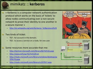 mimikatz :: kerberos
« Kerberos is a computer network authentication
protocol which works on the basis of 'tickets' to
all...
