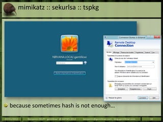 mimikatz :: sekurlsa :: tspkg




   because sometimes hash is not enough…
07/11/2012   Benjamin DELPY `gentilkiwi` @ ASFWS 2012   -   benjamin@gentilkiwi.com ; blog.gentilkiwi.com   10
 