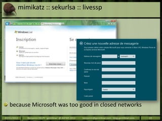 mimikatz :: sekurlsa :: livessp




   because Microsoft was too good in closed networks
07/11/2012   Benjamin DELPY `gentilkiwi` @ ASFWS 2012   -   benjamin@gentilkiwi.com ; blog.gentilkiwi.com   22
 