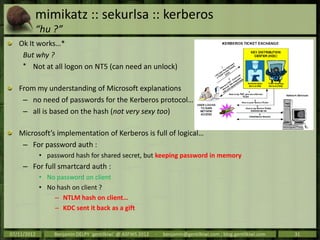 mimikatz :: sekurlsa :: kerberos
         “hu ?”
   Ok It works…*
    But why ?
    * Not at all logon on NT5 (can need an...