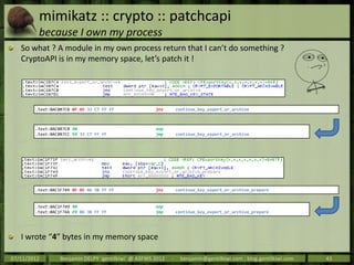 mimikatz :: crypto :: patchcapi
         because I own my process
   So what ? A module in my own process return that I ca...