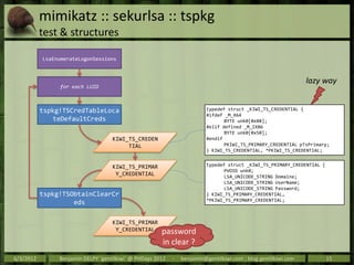 mimikatz :: sekurlsa :: tspkg
           test & structures

           LsaEnumerateLogonSessions



                      ...