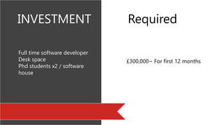 Full time software developer
Desk space
Phd students x2 / software
house
INVESTMENT Required
£300,000~ For first 12 months
 