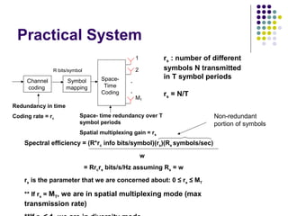 Practical System
Redundancy in time
Coding rate = rc
Space- time redundancy over T
symbol periods
Spatial multiplexing gain = rs
1
2
MT
Channel
coding
Symbol
mapping
Space-
Time
Coding
.
.
R bits/symbol
rs : number of different
symbols N transmitted
in T symbol periods
rs = N/T
Spectral efficiency = (R*rc info bits/symbol)(rs)(Rs symbols/sec)
w
= Rrcrs bits/s/Hz assuming Rs = w
rs is the parameter that we are concerned about: 0 ≤ rs ≤ MT
** If rs = MT, we are in spatial multiplexing mode (max
transmission rate)
Non-redundant
portion of symbols
 