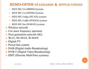 MIMO-OFDM STANDARDS& APPLICATIONS 
IEEE 802.11n (MIMO) Systems 
IEEE 802.11a (OFDM) Systems 
IEEE 802.11a&g (WLAN) systems 
IEEE 802.11a&b (WMAN) systems 
IEEE 802.16a (WiMAX) systems 
Wireless network 
Use more frequency spectrum 
Next generation network (4G) 
Wi-Fi, Wi-MAX, W-MAN 
Digital-TV 
Power-line control 
DAB (Digital Audio Broadcasting) 
DVB-T (Digital Video Broadcasting) 
DMT (Discrete MultiTone systems) 
12/13/2014 
31 
SOET, CUTM, JATNI CAMPUS 
 