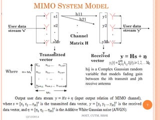 MIMO SYSTEMMODEL 
y= Hs+ ŋ 
User data stream ‘y’ 
. 
. 
User data stream ‘s’ 
. 
. 
. 
. 
Channel 
Matrix H 
s1 
s2 
sMT 
s 
y1 
y2 
yMR 
y 
Transmitted vector 
Received vector 
. 
. 
h11 
h21 
Where 
hijisaComplexGaussianrandomvariablethatmodelsfadinggainbetweentheithtransmitandjthreceiveantenna 
12/13/2014 
7 
SOET, CUTM, BBSR 
j  