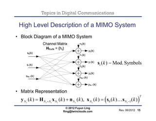 Topics in Digital Communications
High Level Description of a MIMO System
• Block Diagram of a MIMO System
• Matrix Represe...