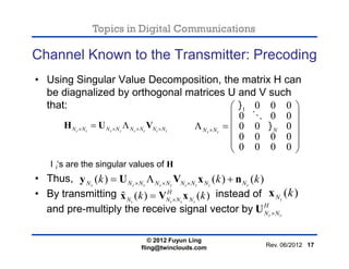 Topics in Digital Communications
Channel Known to the Transmitter: Precoding
• Using Singular Value Decomposition, the mat...