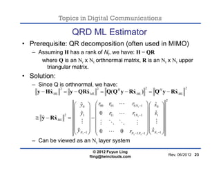 Topics in Digital Communications
QRD ML Estimator
• Prerequisite: QR decomposition (often used in MIMO)
– Assuming H has a...