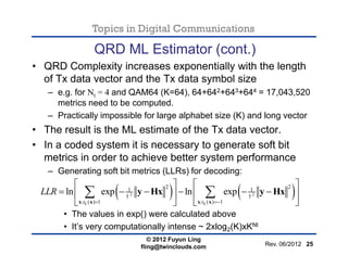 Topics in Digital Communications
QRD ML Estimator (cont.)
• QRD Complexity increases exponentially with the length
of Tx d...