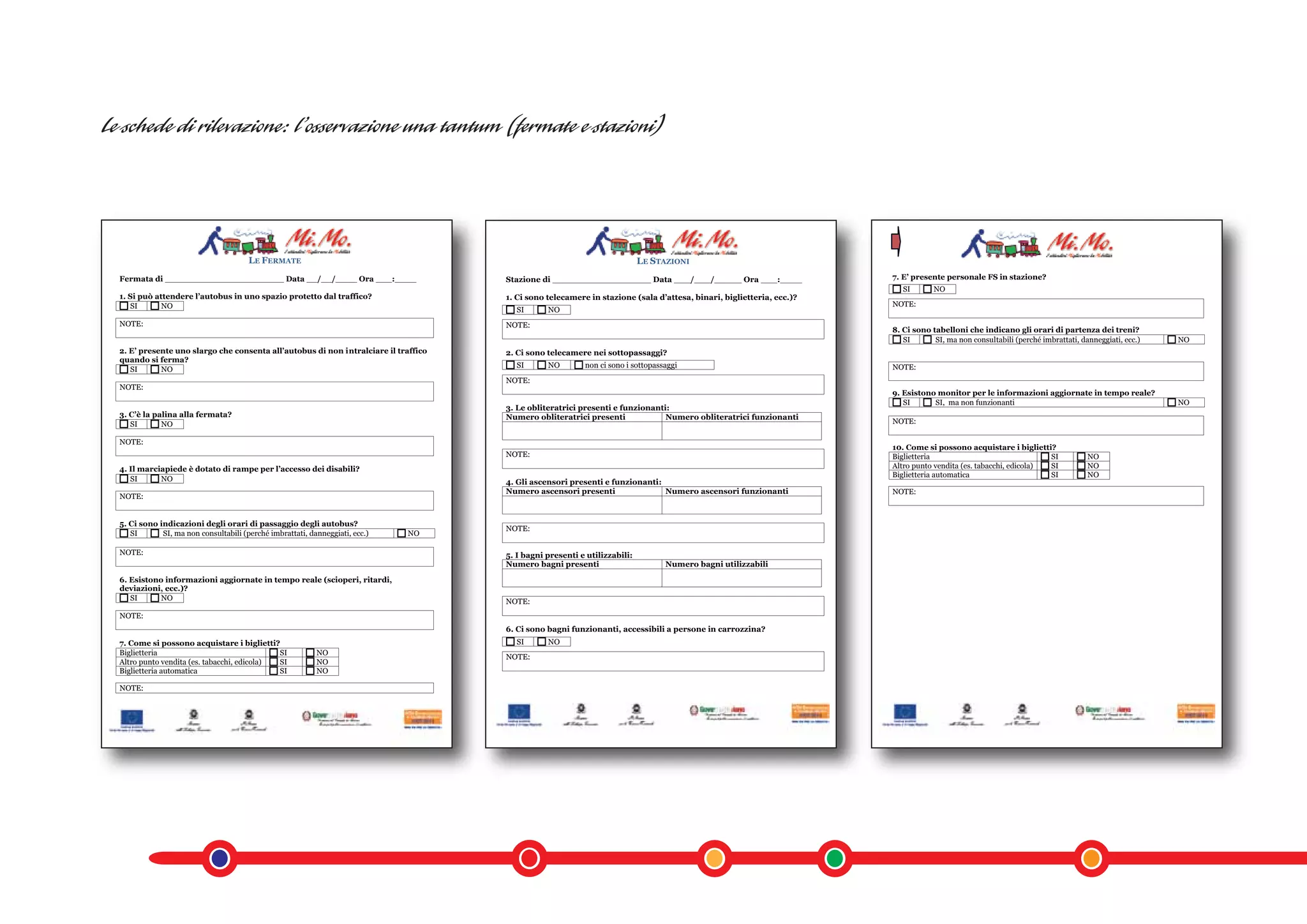 LE FERMATE                                                                          LE STAZIONI
Fermata di ______________________ Data __/__/____ Ora ___:____                      Stazione di __________________ Data ___/___/_____ Ora ___:____                   7. E’ presente personale FS in stazione?
                                                                                                                                                                        SI       NO
1. Si può attendere l’autobus in uno spazio protetto dal traffico?                  1. Ci sono telecamere in stazione (sala d’attesa, binari, biglietteria, ecc.)?
   SI       NO                                                                                                                                                       NOTE:
                                                                                      SI       NO
NOTE:                                                                               NOTE:
                                                                                                                                                                     8. Ci sono tabelloni che indicano gli orari di partenza dei treni?
                                                                                                                                                                        SI       SI, ma non consultabili (perché imbrattati, danneggiati, ecc.)   NO
2. E’ presente uno slargo che consenta all’autobus di non intralciare il traffico   2. Ci sono telecamere nei sottopassaggi?
quando si ferma?
                                                                                      SI       NO        non ci sono i sottopassaggi                                 NOTE:
   SI      NO
                                                                                    NOTE:
NOTE:
                                                                                                                                                                     9. Esistono monitor per le informazioni aggiornate in tempo reale?
                                                                                                                                                                        SI      SI, ma non funzionanti                                            NO
                                                                                    3. Le obliteratrici presenti e funzionanti:
3. C’è la palina alla fermata?                                                      Numero obliteratrici presenti             Numero obliteratrici funzionanti
   SI       NO                                                                                                                                                       NOTE:

NOTE:
                                                                                                                                                                     10. Come si possono acquistare i biglietti?
                                                                                    NOTE:                                                                            Biglietteria                                SI            NO
4. Il marciapiede è dotato di rampe per l’accesso dei disabili?                                                                                                      Altro punto vendita (es. tabacchi, edicola) SI            NO
                                                                                                                                                                     Biglietteria automatica                     SI            NO
   SI      NO                                                                       4. Gli ascensori presenti e funzionanti:
                                                                                    Numero ascensori presenti                Numero ascensori funzionanti            NOTE:
NOTE:


5. Ci sono indicazioni degli orari di passaggio degli autobus?
                                                                                    NOTE:
   SI       SI, ma non consultabili (perché imbrattati, danneggiati, ecc.)   NO

NOTE:                                                                               5. I bagni presenti e utilizzabili:
                                                                                    Numero bagni presenti                       Numero bagni utilizzabili
6. Esistono informazioni aggiornate in tempo reale (scioperi, ritardi,
deviazioni, ecc.)?
   SI      NO                                                                       NOTE:
NOTE:
                                                                                    6. Ci sono bagni funzionanti, accessibili a persone in carrozzina?
7. Come si possono acquistare i biglietti?                                            SI       NO
Biglietteria                                SI            NO
                                                                                    NOTE:
Altro punto vendita (es. tabacchi, edicola) SI            NO
Biglietteria automatica                     SI            NO

NOTE:
 