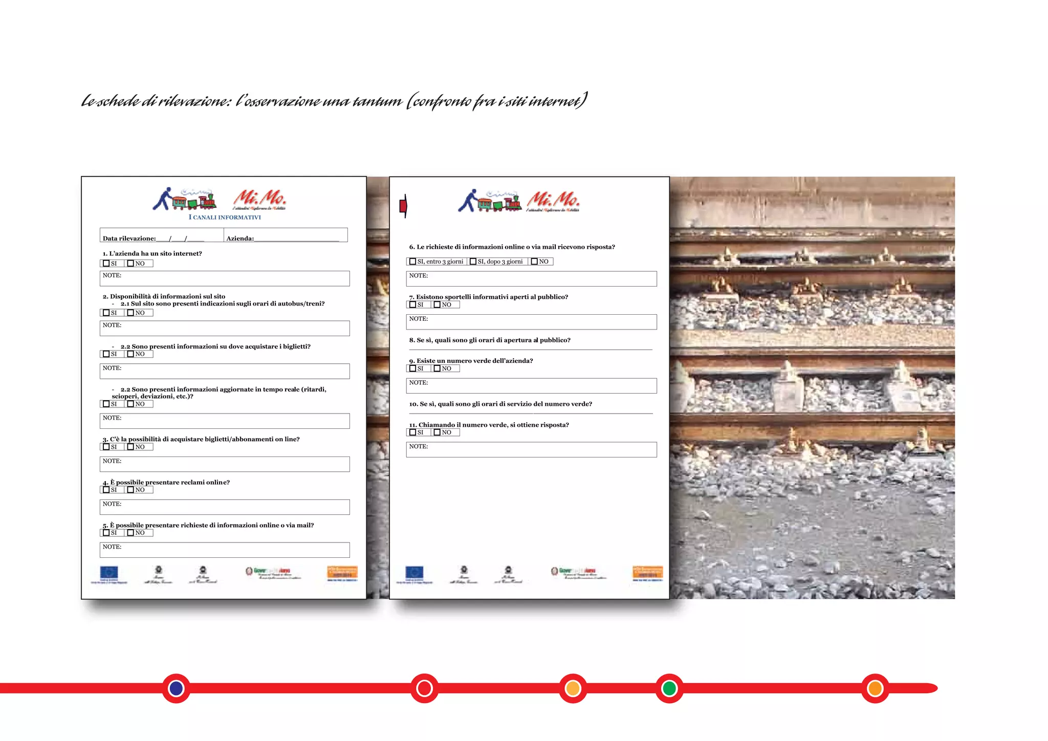 I CANALI INFORMATIVI

Data rilevazione:___/___/____            Azienda:____________________
                                                                            6. Le richieste di informazioni online o via mail ricevono risposta?
1. L’azienda ha un sito internet?
  SI      NO                                                                  SI, entro 3 giorni   SI, dopo 3 giorni   NO

NOTE:                                                                       NOTE:


2. Disponibilità di informazioni sul sito                                   7. Esistono sportelli informativi aperti al pubblico?
   - 2.1 Sul sito sono presenti indicazioni sugli orari di autobus/treni?      SI      NO
  SI      NO
                                                                            NOTE:
NOTE:

                                                                            8. Se sì, quali sono gli orari di apertura al pubblico?
  - 2.2 Sono presenti informazioni su dove acquistare i biglietti?          _________________________________________________________
  SI     NO
                                                                            9. Esiste un numero verde dell’azienda?
NOTE:                                                                          SI      NO

                                                                            NOTE:
  - 2.2 Sono presenti informazioni aggiornate in tempo reale (ritardi,
  scioperi, deviazioni, etc.)?
  SI     NO                                                                 10. Se sì, quali sono gli orari di servizio del numero verde?
                                                                            _________________________________________________________
NOTE:
                                                                            11. Chiamando il numero verde, si ottiene risposta?
                                                                               SI     NO
3. C’è la possibilità di acquistare biglietti/abbonamenti on line?
   SI       NO                                                              NOTE:

NOTE:


4. È possibile presentare reclami online?
   SI      NO

NOTE:


5. È possibile presentare richieste di informazioni online o via mail?
   SI      NO

NOTE:
 