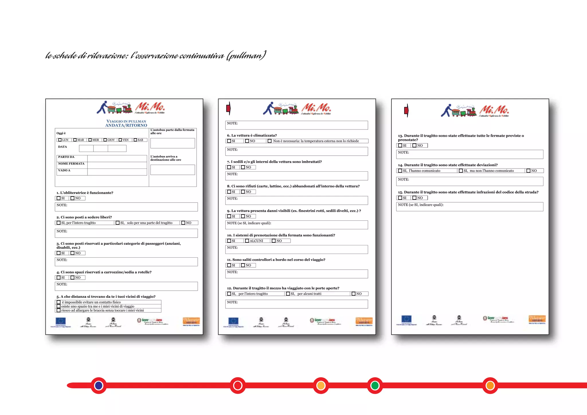 VIAGGIO IN PULLMAN                                             NOTE:
                                 ANDATA/RITORNO
                                                                L’autobus parte dalla fermata
Oggi è                                                          alle ore
                                                                                                6. La vettura è climatizzata?                                                              13. Durante il tragitto sono state effettuate tutte le fermate previste o
   LUN        MAR        MER       GIOV       VEN       SAB                                        SI          NO               Non è necessaria: la temperatura esterna non lo richiede   prenotate?
 DATA                                                                                                                                                                                         SI       NO
                                                                                                NOTE:
                                                                                                                                                                                           NOTE:
 PARTO DA                                                       L’autobus arriva a
                                                                destinazione alle ore
                                                                                                7. I sedili e/o gli interni della vettura sono imbrattati?
 NOME FERMATA
                                                                                                                                                                                           14. Durante il tragitto sono state effettuate deviazioni?
                                                                                                   SI       NO
 VADO A                                                                                                                                                                                       SI, l’hanno comunicato             SI, ma non l’hanno comunicato         NO
                                                                                                NOTE:
                                                                                                                                                                                           NOTE:
                                                                                                8. Ci sono rifiuti (carte, lattine, ecc.) abbandonati all’interno della vettura?
1. L’obliteratrice è funzionante?                                                                  SI       NO                                                                             15. Durante il tragitto sono state effettuate infrazioni del codice della strada?
   SI        NO                                                                                 NOTE:                                                                                         SI       NO

NOTE:                                                                                                                                                                                      NOTE (se SI, indicare quali):
                                                                                                9. La vettura presenta danni visibili (es. finestrini rotti, sedili divelti, ecc.) ?
2. Ci sono posti a sedere liberi?                                                                  SI       NO
   SI, per l’intero tragitto                SI, solo per una parte del tragitto         NO      NOTE (se SI, indicare quali):

NOTE:
                                                                                                10. I sistemi di prenotazione della fermata sono funzionanti?
                                                                                                   SI          ALCUNI             NO
3. Ci sono posti riservati a particolari categorie di passeggeri (anziani,
disabili, ecc.)                                                                                 NOTE:
   SI        NO
NOTE:                                                                                           11. Sono saliti controllori a bordo nel corso del viaggio?
                                                                                                   SI       NO
4. Ci sono spazi riservati a carrozzine/sedia a rotelle?                                        NOTE:
   SI        NO
NOTE:
                                                                                                12. Durante il tragitto il mezzo ha viaggiato con le porte aperte?
                                                                                                   SI, per l’intero tragitto               SI, per alcuni tratti                      NO
5. A che distanza si trovano da te i tuoi vicini di viaggio?
    è impossibile evitare un contatto fisico                                                    NOTE:
   esiste uno spazio tra me e i miei vicini di viaggio
   riesco ad allargare le braccia senza toccare i miei vicini
 
