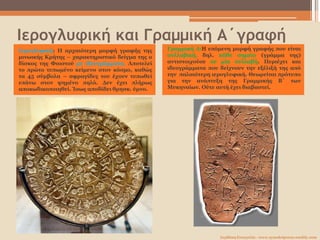 Ιερογλυφική και Γραμμική Α΄γραφή
Ιερογλυφική: Η αρχαιότερη μορφή γραφής της
μινωικής Κρήτης – χαρακτηριστικό δείγμα της ο
δίσκος της Φαιστού με ιδεογράμματα. Αποτελεί
το πρώτο τυπωμένο κείμενο στον κόσμο, καθώς
τα 45 σύμβολα – σφραγίδες του έχουν τυπωθεί
επάνω στον ψημένο πηλό. Δεν έχει πλήρως
αποκωδικοποιηθεί. Ίσως αποδίδει θρησκ. ύμνο.
Γραμμική Α:Η επόμενη μορφή γραφής που είναι
συλλαβική, δηλ. κάθε σημείο (γράμμα της)
αντιστοιχούσε σε μία συλλαβή. Περιέχει και
ιδεογράμματα που δείχνουν την εξέλιξή της από
την παλαιότερη ιερογλυφική. Θεωρείται πρότυπο
για την ανάπτυξη της Γραμμικής Β΄ των
Μυκηναίων. Ούτε αυτή έχει διαβαστεί.
Σερδάκη Ευαγγελία - www.synodoiporos.weebly.com
 