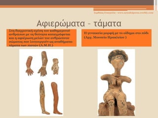 Αφιερώματα – τάματα
Στη διαχρονική σχέση του καθημερινού
ανθρώπου με τη θεότητα καταγράφεται
και η αφιέρωση μελών του ανθρώπινου
σώματος που λειτουργούν ως αναθήματα-
τάματα των πιστών (Α.Μ.Η.)
Η γυναικεία μορφή με το οίδημα στο πόδι
(Αρχ. Μουσείο Ηρακλείου )
Σερδάκη Ευαγγελία - www.synodoiporos.weebly.com
 