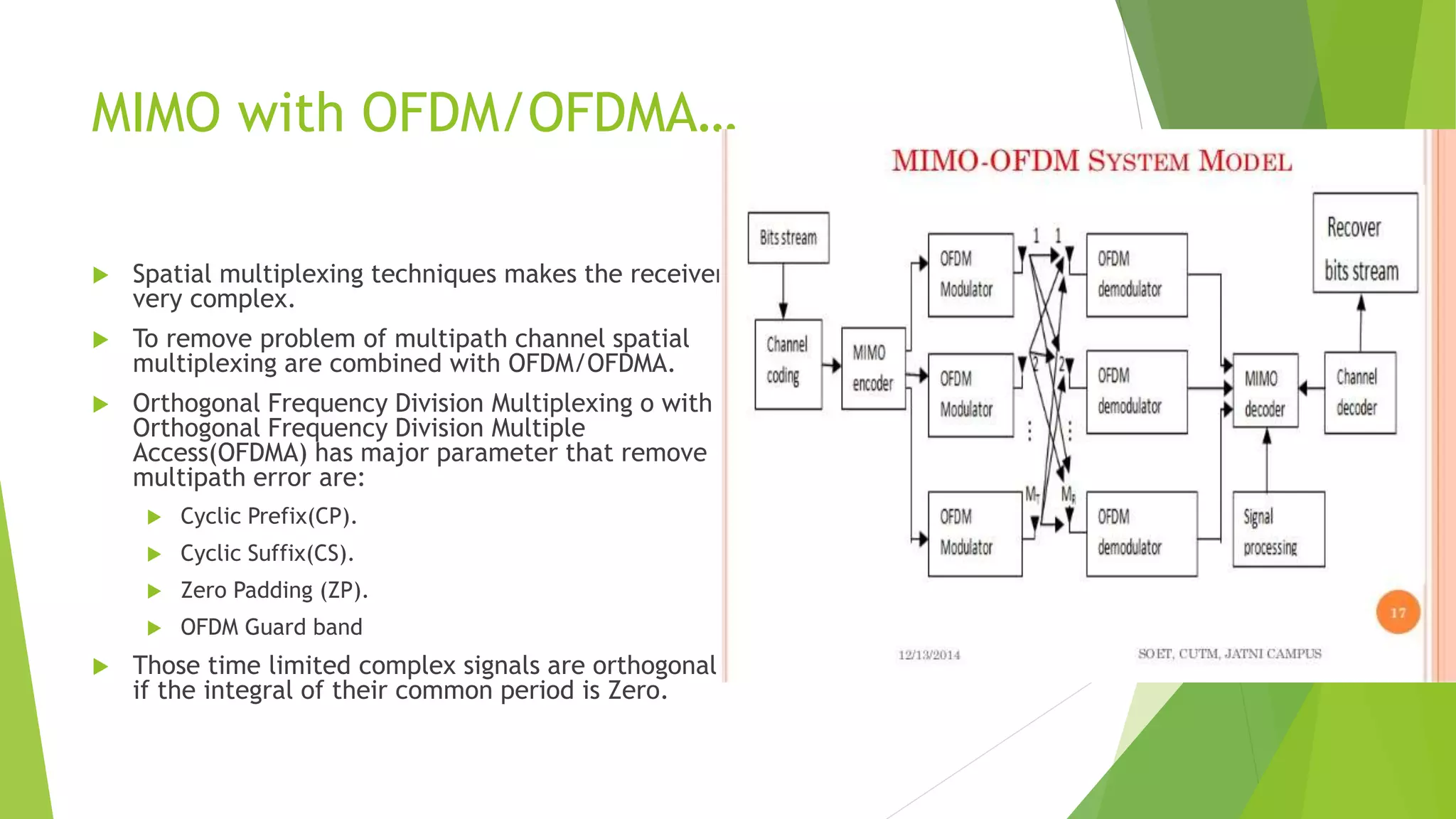 MIMO with OFDM/OFDMA…
 Spatial multiplexing techniques makes the receiver
very complex.
 To remove problem of multipath channel spatial
multiplexing are combined with OFDM/OFDMA.
 Orthogonal Frequency Division Multiplexing o with
Orthogonal Frequency Division Multiple
Access(OFDMA) has major parameter that remove
multipath error are:
 Cyclic Prefix(CP).
 Cyclic Suffix(CS).
 Zero Padding (ZP).
 OFDM Guard band
 Those time limited complex signals are orthogonal
if the integral of their common period is Zero.
 