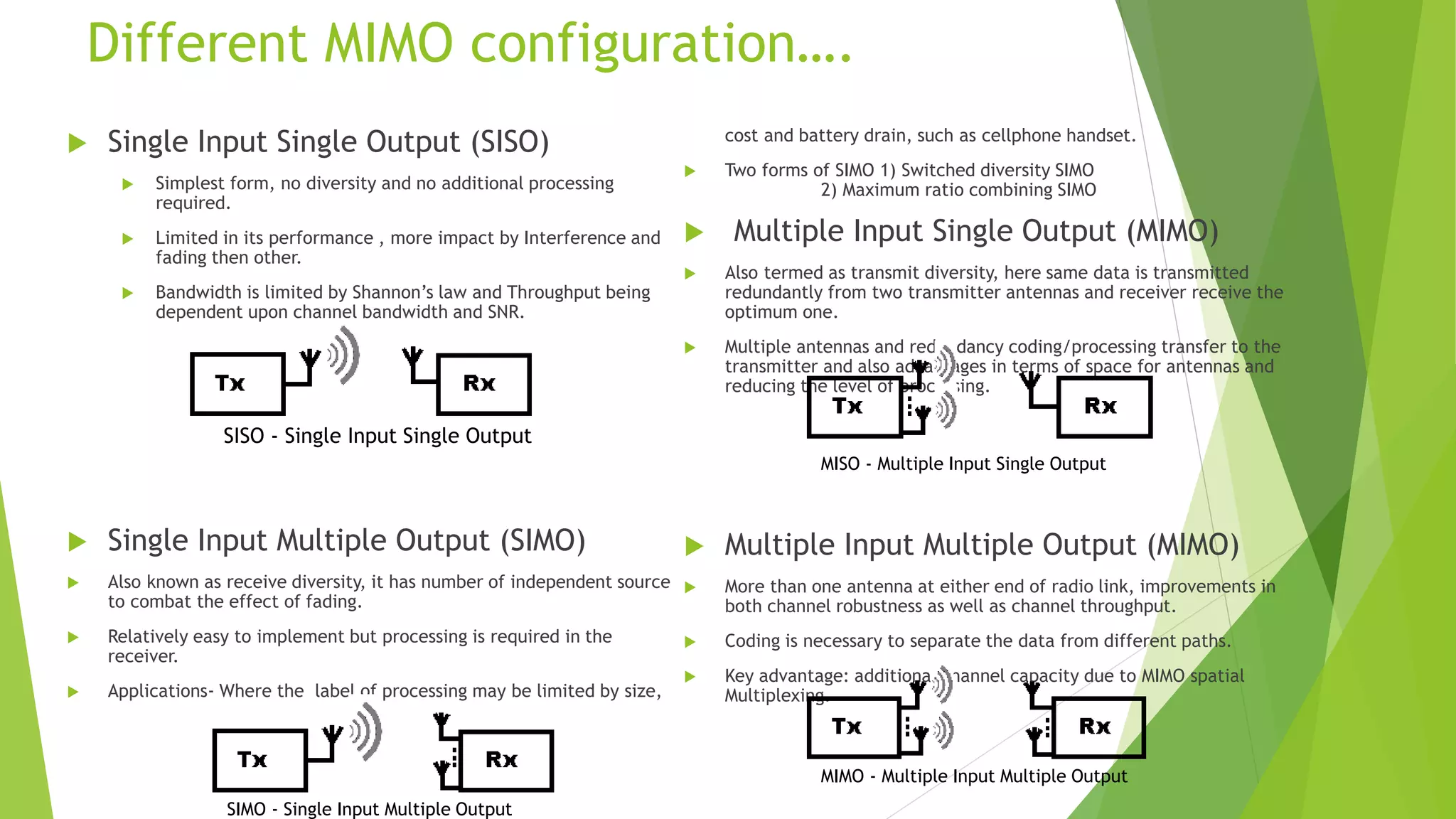 Different MIMO configuration….
 Single Input Single Output (SISO)
 Simplest form, no diversity and no additional processing
required.
 Limited in its performance , more impact by Interference and
fading then other.
 Bandwidth is limited by Shannon’s law and Throughput being
dependent upon channel bandwidth and SNR.
 Single Input Multiple Output (SIMO)
 Also known as receive diversity, it has number of independent source
to combat the effect of fading.
 Relatively easy to implement but processing is required in the
receiver.
 Applications- Where the label of processing may be limited by size,
cost and battery drain, such as cellphone handset.
 Two forms of SIMO 1) Switched diversity SIMO
2) Maximum ratio combining SIMO
 Multiple Input Single Output (MIMO)
 Also termed as transmit diversity, here same data is transmitted
redundantly from two transmitter antennas and receiver receive the
optimum one.
 Multiple antennas and redundancy coding/processing transfer to the
transmitter and also advantages in terms of space for antennas and
reducing the level of processing.
 Multiple Input Multiple Output (MIMO)
 More than one antenna at either end of radio link, improvements in
both channel robustness as well as channel throughput.
 Coding is necessary to separate the data from different paths.
 Key advantage: additional channel capacity due to MIMO spatial
Multiplexing.
SISO - Single Input Single Output
SIMO - Single Input Multiple Output
MISO - Multiple Input Single Output
MIMO - Multiple Input Multiple Output
 