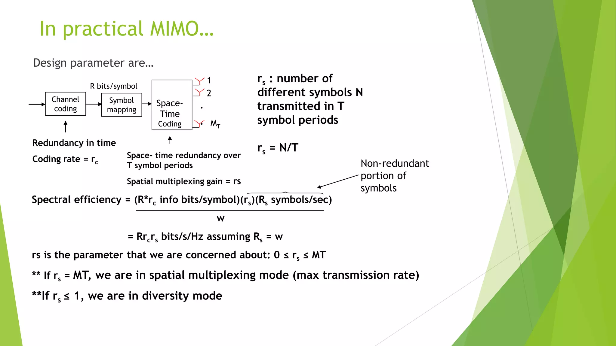 In practical MIMO…
Design parameter are…
Redundancy in time
Coding rate = rc
Space- time redundancy over
T symbol periods
Spatial multiplexing gain = rs
1
2
MT
Channel
coding
Symbol
mapping
Space-
Time
Coding
.
.
R bits/symbol
rs : number of
different symbols N
transmitted in T
symbol periods
rs = N/T
Spectral efficiency = (R*rc info bits/symbol)(rs)(Rs symbols/sec)
w
= Rrcrs bits/s/Hz assuming Rs = w
rs is the parameter that we are concerned about: 0 ≤ rs ≤ MT
** If rs = MT, we are in spatial multiplexing mode (max transmission rate)
**If rs ≤ 1, we are in diversity mode
Non-redundant
portion of
symbols
 