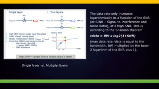 Single layer vs. Multiple layers
The data rate only increases
logarithmically as a function of the SNR
(or SINR – Signal to Interference and
Noise Ratio), at a high SNR. This is
according to the Shannon theorem
rdata = BW x log2(1+SNR)
(max data rate rdata is equal to the
bandwidth, BW, multiplied by the base-
2 logarithm of the SNR plus 1).
 